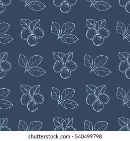 Seamless vector pattern. Hand drawn blueberries on the bright blue background.