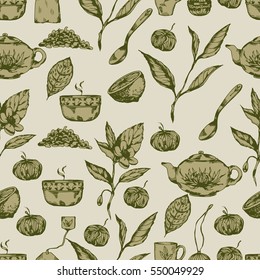 Seamless vector pattern with hand drawn tea times elements. Decorative vintage background.