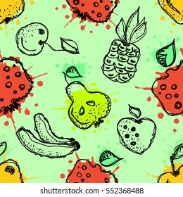 Seamless vector pattern. Hand drawn fruits illustration of colorful cherry, pomegranate, pineapple, banana, pear, berry, strawberry with splash and drop, on the green background. Line drawing