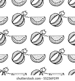 Seamless vector pattern. Hand drawn black and white fruits illustration of watermelon on the white background. Line drawing