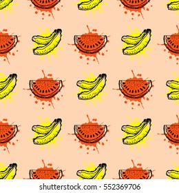 Seamless vector pattern. Hand drawn fruits illustration of banana and watermelon with splash and drop, on the pink background. Line drawing, Series of fruits vector seamless Patterns
