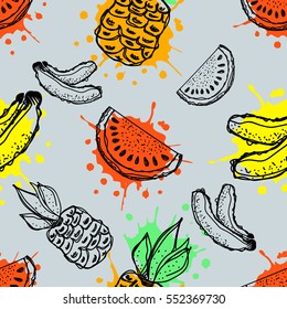 Seamless vector pattern. Hand drawn fruits illustration of banana, pineapple and watermelon with splash and drop, on the blue background. Line drawing, Series of fruits vector seamless Patterns