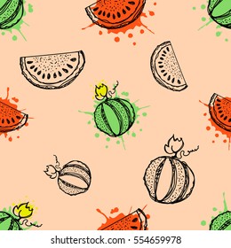 Seamless vector pattern. Hand drawn fruits illustration of watermelon with splash and drop, on the pink background. Line drawing, Series of fruits vector seamless Patterns.
