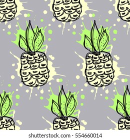 Seamless vector pattern. Hand drawn fruits illustration of colorful pineapple with splash and drop, on the blue background. Line drawing, Series of fruits vector seamless Patterns.