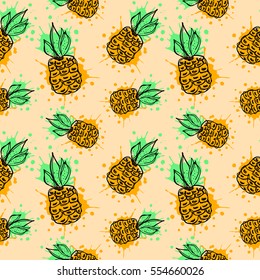 Seamless vector pattern. Hand drawn fruits illustration of colorful pineapple with splash and drop, on the pink background. Line drawing, Series of fruits vector seamless Patterns.