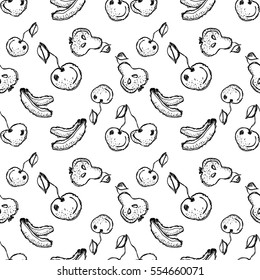 Seamless vector pattern. Hand drawn black and white fruits illustration of banana, cherry, pear on the white background. Line drawing.