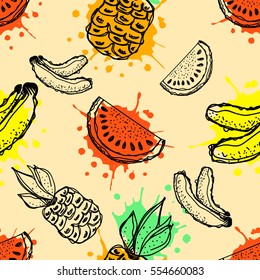 Seamless vector pattern. Hand drawn fruits illustration of banana and watermelon with splash and drop, on the blue background. Line drawing, Series of fruits vector seamless Patterns..