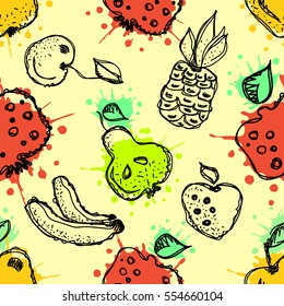 Seamless vector pattern. Hand drawn fruits illustration of colorful cherry, pomegranate, pineapple, banana, pear, berry, strawberry with splash and drop, on the yellow background. Line drawing.