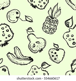 Seamless vector pattern. Hand drawn black and white fruits illustration of banana, cherry, pear, pineapple, strawberry, pomegranate on the white background. Line drawing