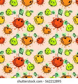 Seamless vector pattern. Hand drawn fruits illustration of colorful cherry, apple, pear, berry, strawberry with splash and drop, cute background. Line drawing
