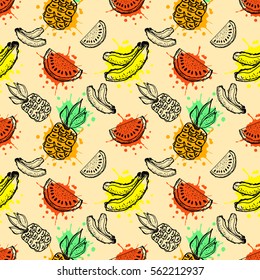 Seamless vector pattern. Hand drawn fruits illustration of banana, pineapple and watermelon with splash and drop, cute background. Line drawing, Series of fruits vector seamless Patterns