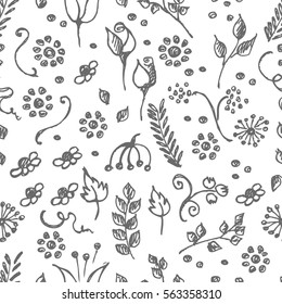 Seamless vector pattern, hand drawn background with flowers, branch, leaves, dots. Hand sketch drawing. Doodle funny style. Series of Hand Drawn seamless childish Patterns