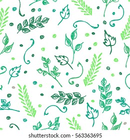 Seamless vector pattern, hand drawn background with flowers, branch, leaves, dots. Hand sketch drawing. Doodle funny style Series of Hand Drawn seamless childish Patterns.