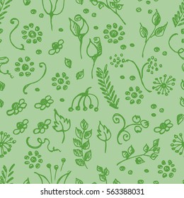Seamless vector pattern, hand drawn background with flowers, branch, leaves, dots. Hand sketch drawing. Doodle funny style. Series of Hand Drawn seamless childish Patterns