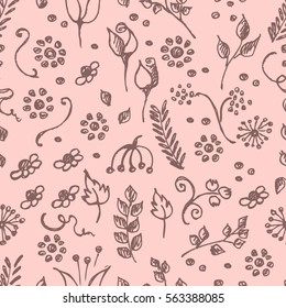 Seamless vector pattern, hand drawn background with flowers, branch, leaves, dots. Hand sketch drawing. Doodle funny style. Series of Hand Drawn seamless childish Patterns