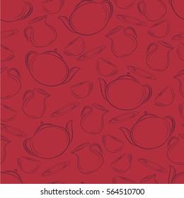 Seamless vector pattern. Hand drawn tea set pattern on the bright background. 