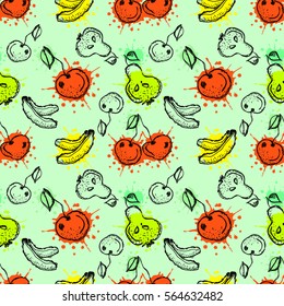 Seamless vector pattern. Hand drawn fruits illustration of colorful cherry, banana, pear, berry, strawberry with splash and drop, cute background. Line drawing