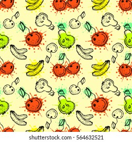 Seamless vector pattern. Hand drawn fruits illustration of colorful cherry, banana, pear, berry, strawberry with splash and drop, cute background. Line drawing