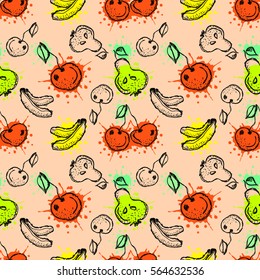 Seamless vector pattern. Hand drawn fruits illustration of colorful cherry, banana, pear, berry, strawberry with splash and drop, cute background. Line drawing