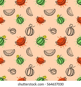 Seamless vector pattern. Hand drawn fruits illustration of watermelon with splash and drop, cute background. Line drawing, Series of fruits vector seamless Patterns