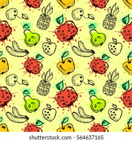 Seamless vector pattern. Hand drawn fruits illustration of colorful cherry, pomegranate, pineapple, banana, pear, berry, strawberry with splash and drop, cute childish background. Line drawing