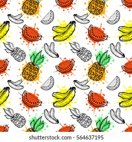 Seamless vector pattern. Hand drawn fruits illustration of banana, pineapple and watermelon with splash and drop, cute background. Line drawing, Series of fruits vector seamless Patterns