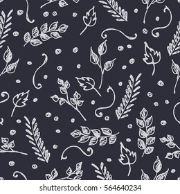 Seamless vector pattern, hand drawn background with flowers, branch, leaves, dots. Hand sketch drawing. Doodle funny style. Series of Hand Drawn seamless childish Patterns