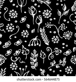 Seamless vector pattern, hand drawn background with flowers, branch, leaves, dots. Hand sketch drawing. Doodle funny style. Series of Hand Drawn seamless childish Patterns