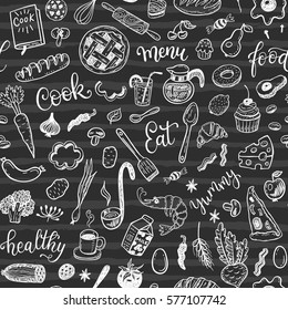 Seamless vector pattern with hand drawn food on a chalkboard background