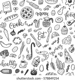 Seamless vector pattern with hand drawn doodle food set. 