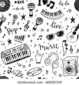 Seamless vector pattern with hand drawn music instruments
