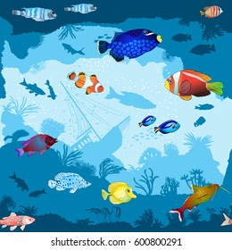 Seamless vector pattern with hand drawn fish and corals on seaweed background