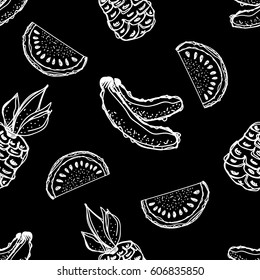 Seamless vector pattern. Hand drawn fruits illustration of banana, pineapple, watermelon Line drawing. Print for wallpaper, background, surface, fabric, decor