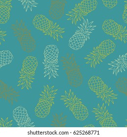 Seamless vector pattern. Hand drawn stylized different colors pineapples vector pattern on the bright green background.