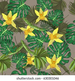 Seamless vector pattern of hand drawn palm and banana leaves and orchids. Tropical background.