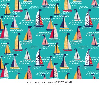 Seamless Vector Pattern With  Hand Drawn Sailing Yachts. Summer  Bright Background. 