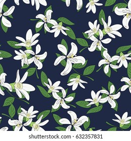 Seamless vector pattern of hand drawn flowers and leaves. Tropical background.