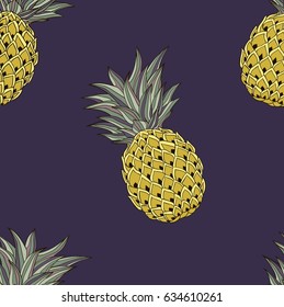 Seamless vector pattern. Hand drawn colored pineapples pattern on the bright violet background.