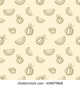 Seamless vector pattern. Hand drawn fruits illustration of watermelon Line drawing. Print for wallpaper, background, surface, fabric, decor
