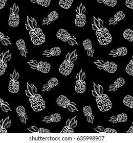 Seamless vector pattern. Hand drawn fruits illustration of pineapple on the Line drawing. Print for wallpaper, background, surface, fabric, decor
