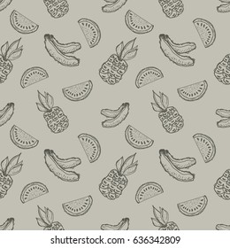 Seamless vector pattern. Hand drawn fruits illustration of banana, pineapple, watermelon Line drawing. Print for wallpaper, background, surface, fabric, decor