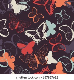 Seamless vector pattern with hand drawn colorful butterflies, silhouette vibrant, vector illustration
