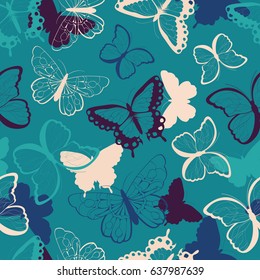 Seamless vector pattern with hand drawn colorful butterflies, silhouette vibrant, vector illustration