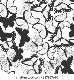 Seamless vector pattern with hand drawn silhouette butterflies, black and white, vector illustration