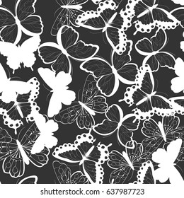 Seamless vector pattern with hand drawn silhouette butterflies, black and white, vector illustration