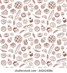 Diseño vectorial sin problemas con productos de panadería y pasteles de doodle dibujados a mano