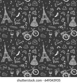 Seamless vector pattern with hand drawn Paris, France symbols doodles.