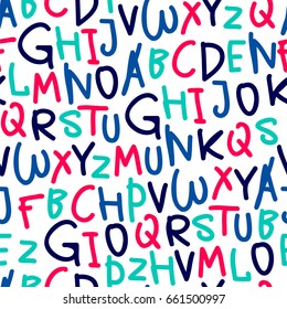 Seamless vector pattern from hand drawn alphabet. Brush letters on white background.