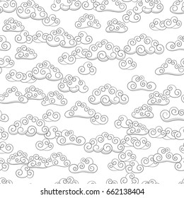 Seamless vector pattern with hand drawn simple clouds in chinese style on white background