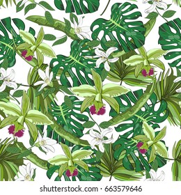 Seamless vector pattern of hand drawn flowers and leaves. Tropical background.